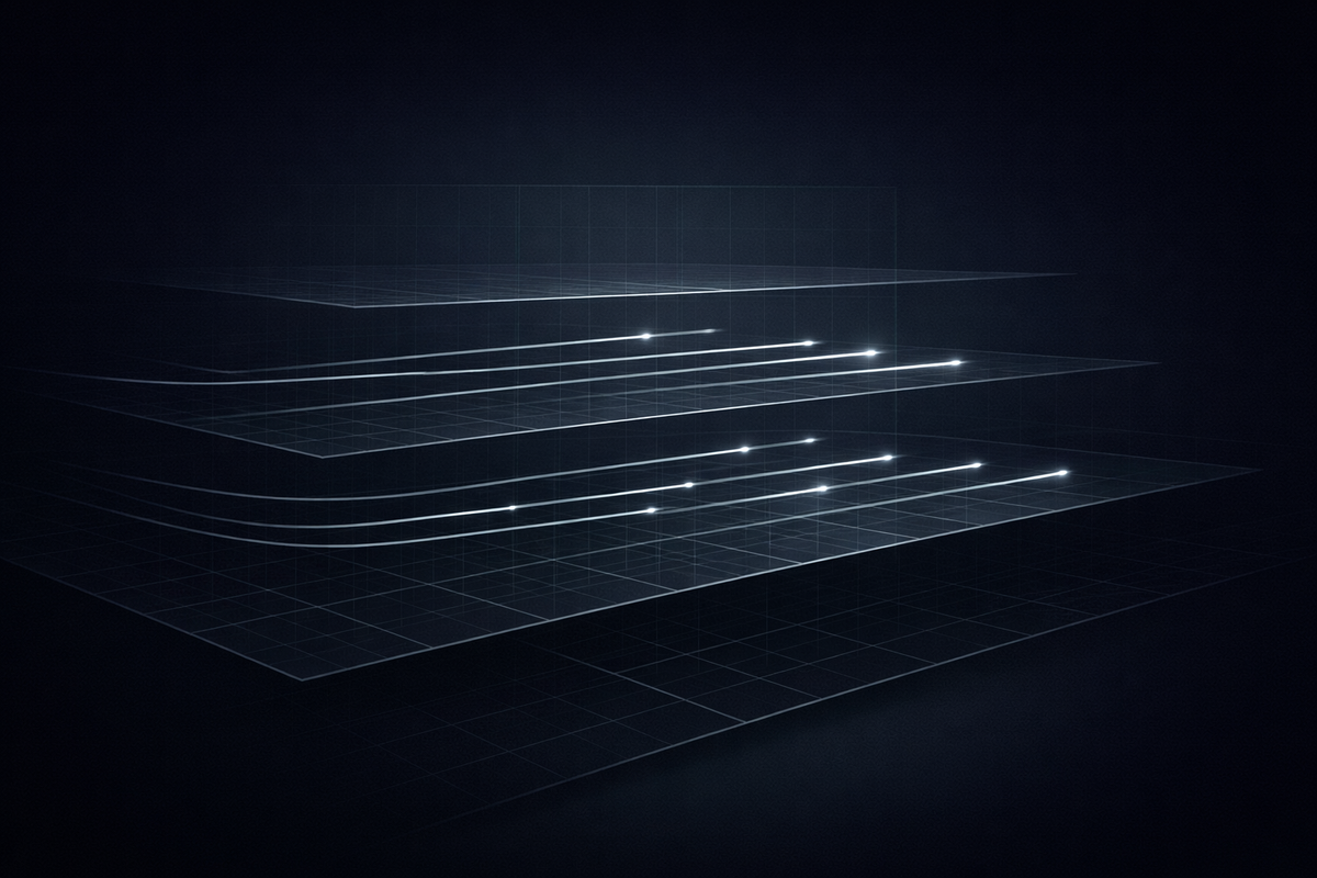 Abstract layered grid with staggered light signals on a dark background, symbolizing timing gaps between AI policy guidance and enterprise compliance execution.