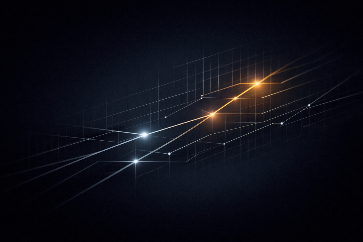 Abstract signal lines converging across a dark grid, suggesting regulatory timing, evidence readiness, and oversight expectations tightening into continuous, provable control.