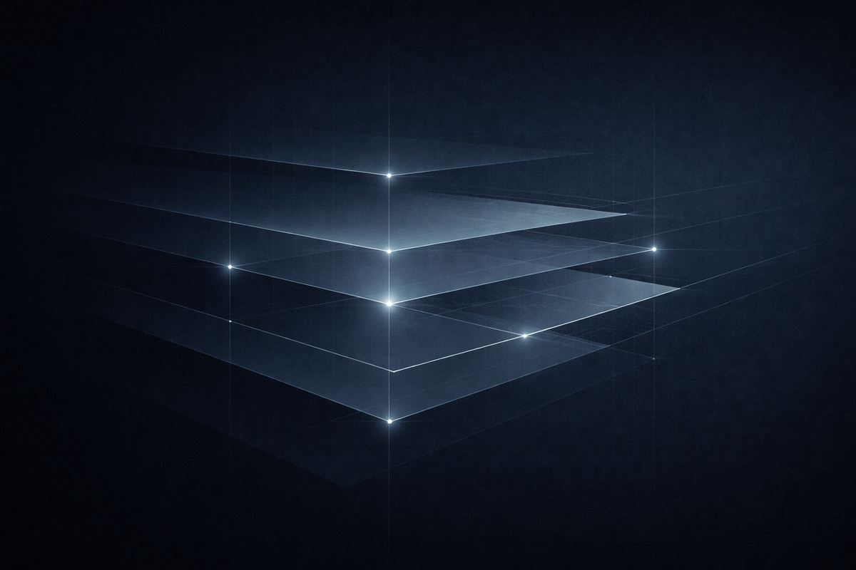 Abstract layered planes on a dark background showing private capital governance building over time, with subtle intersections highlighting traceability and deferred accountability.