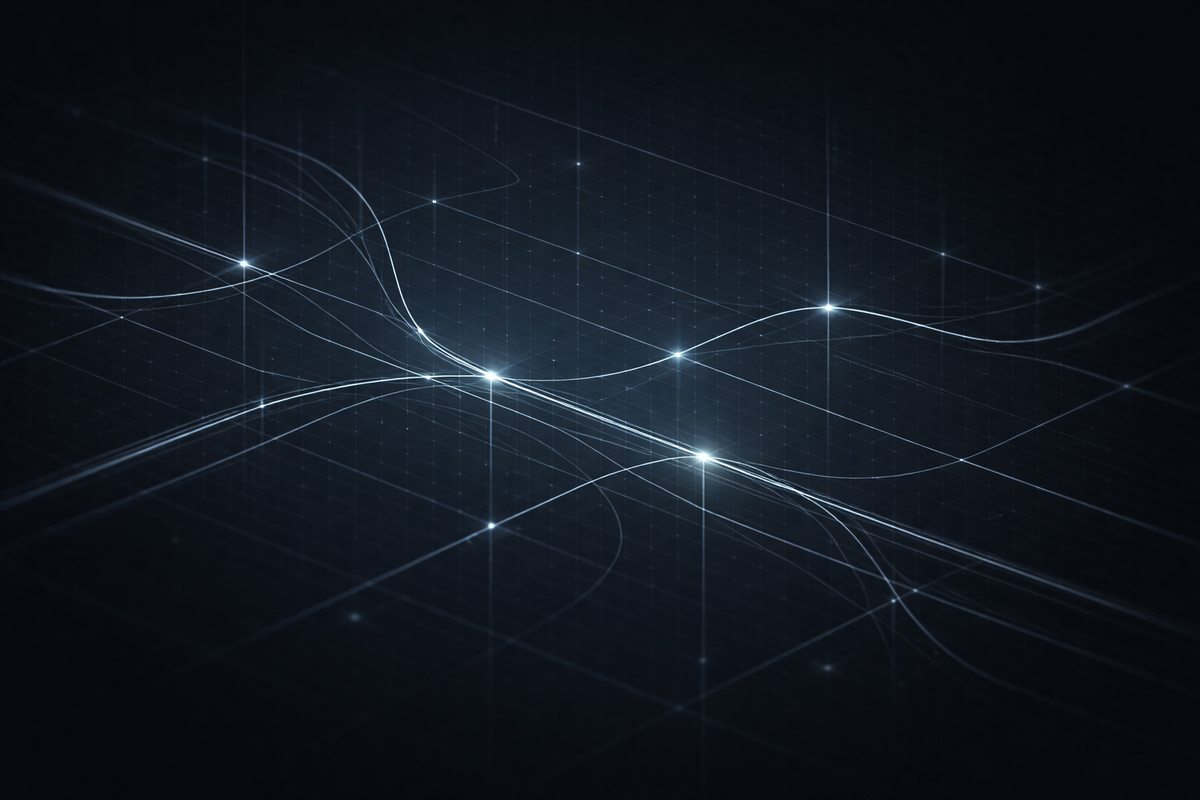 Abstract lines and grids on a dark background show probabilistic signals converging into decision paths, highlighting governance boundaries, timing, and audit-ready oversight.