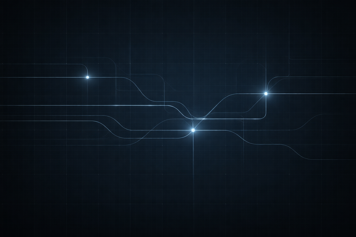 Abstract signal lines subtly bypass grid boundaries on a dark background, with soft glows marking silent escalation and systemic risk in a calm regulatory intelligence setting.