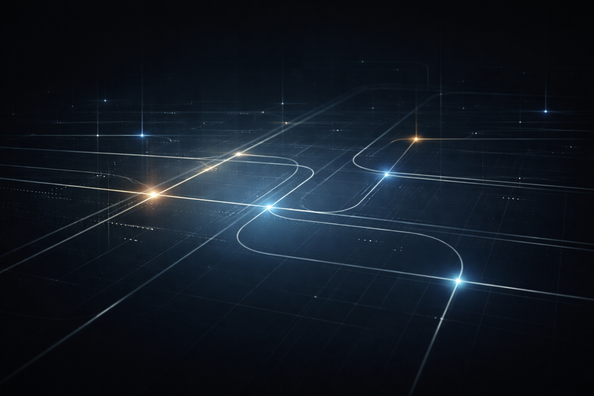 Abstract signal lines and geometric pathways on a dark background, conveying active regulatory deadlines, enforcement timing, and compliance checkpoints in a secure intelligence setting.