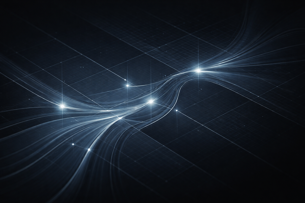 AI synthesizing healthcare data into decision pathways within regulatory boundaries, shown as abstract signal flows and governance grids on a dark intelligence backdrop.