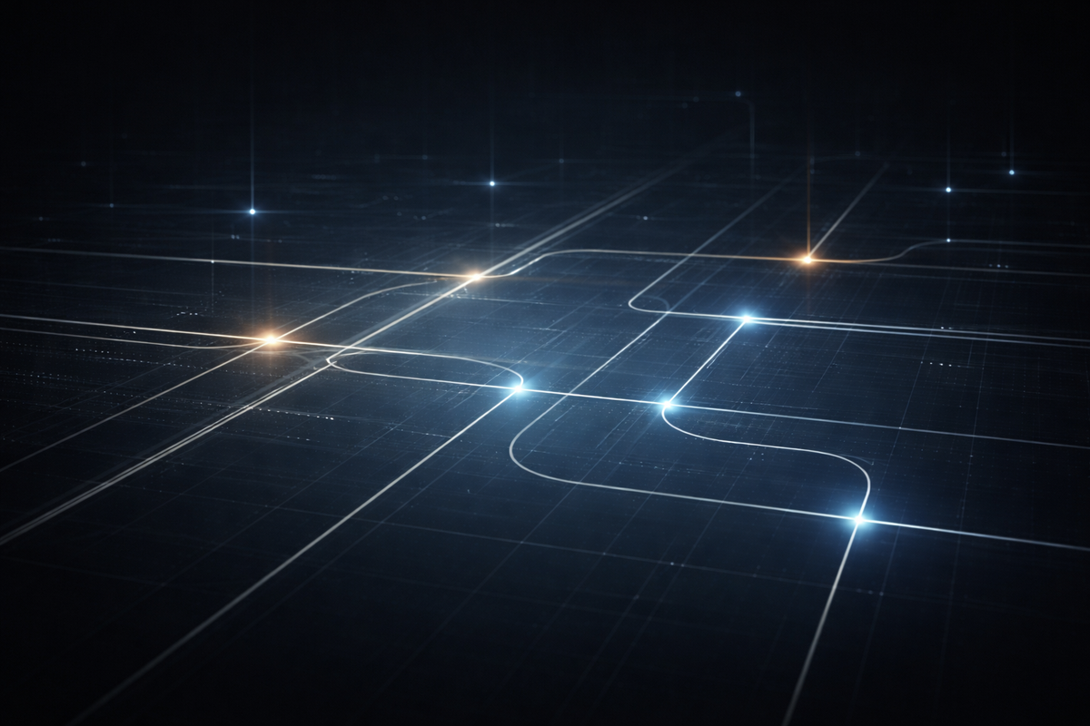 Abstract signal lines and grid pathways on a dark background, showing regulatory deadlines, enforcement timing, and compliance convergence in a secure intelligence environment.