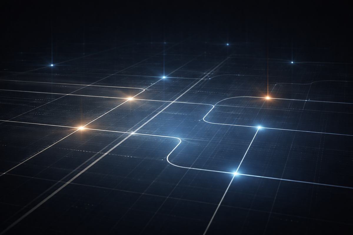 Abstract signal lines and grid structures on a dark background, illustrating regulatory cutovers, enforcement continuity, and compliance monitoring in a secure intelligence environment.