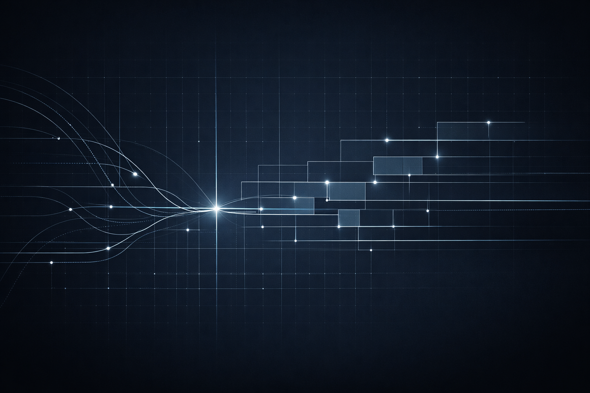 Minimalist intelligence-grade visual showing AI governance and data policy scrutiny, with structured signal flows, regulatory grids, and audit-ready traceability on a dark background.