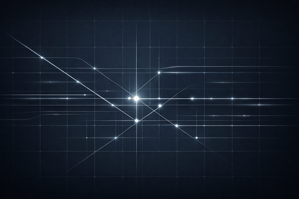 Abstract intelligence-grade visual of federal AI governance, with signal lines and grid patterns representing regulatory coordination, enforcement timing, and centralized policy risk.