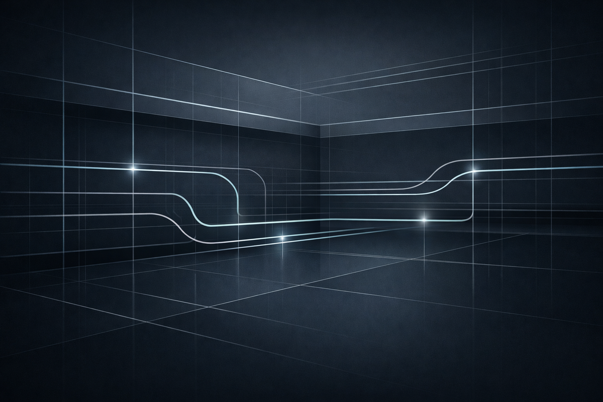 Abstract intelligence-grade visual showing regulatory oversight continuity through structured signal lines on a dark background.