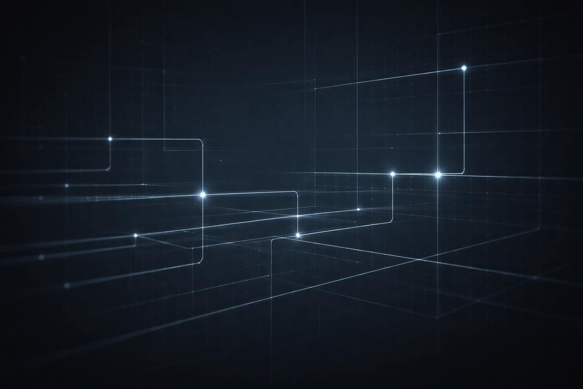 Abstract regulatory intelligence visual with subtle grid lines and glowing signal paths on a dark background, representing continuous oversight and governance monitoring.