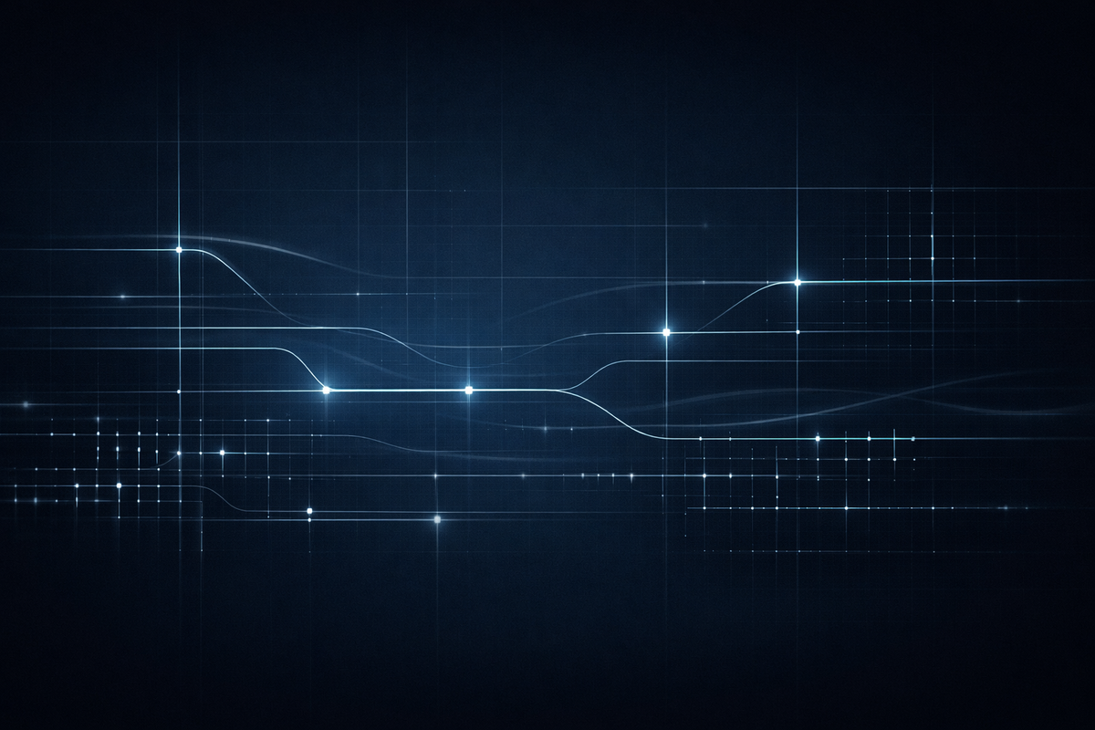 Minimalist intelligence-style visual showing abstract signal lines and grids on a dark background, representing persistent macOS threats within modern enterprise environments.