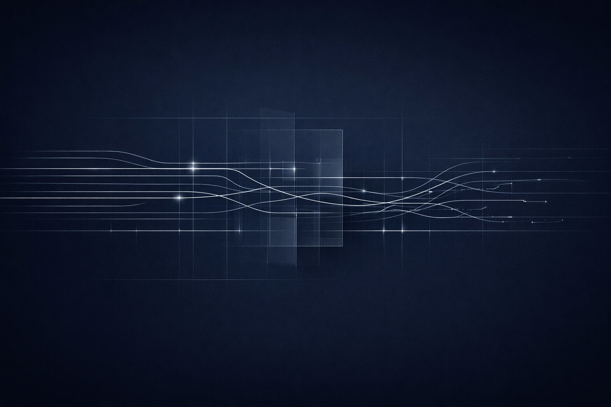 Abstract signal lines diverge through layered grids on a dark background, illustrating friction between AI outputs and human interpretation in a regulated system.
