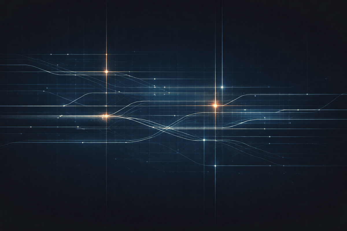 Abstract navy network with intersecting signal lines and grid, symbolizing systemic sanctions risk and infrastructure exposure 