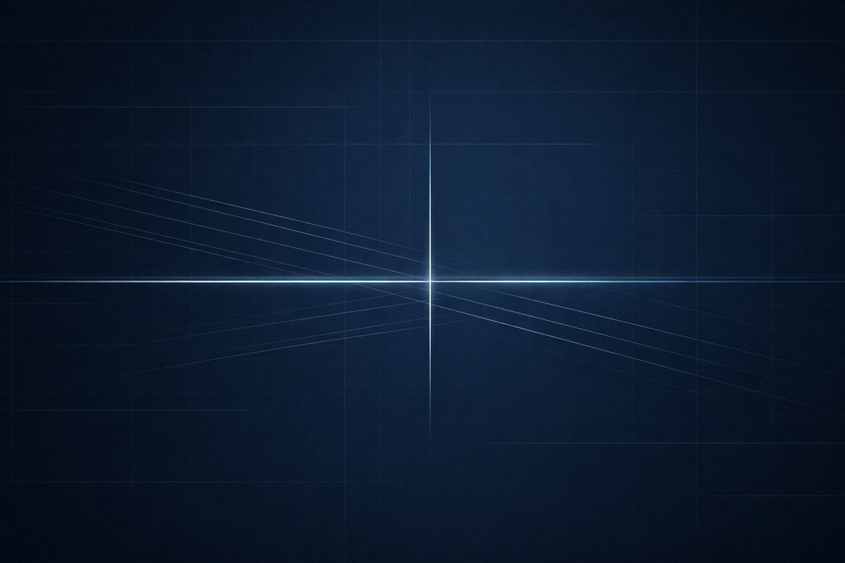 Abstract regulatory intelligence visual with intersecting signal lines on deep navy grid, symbolizing procurement authority meeting AI governance 