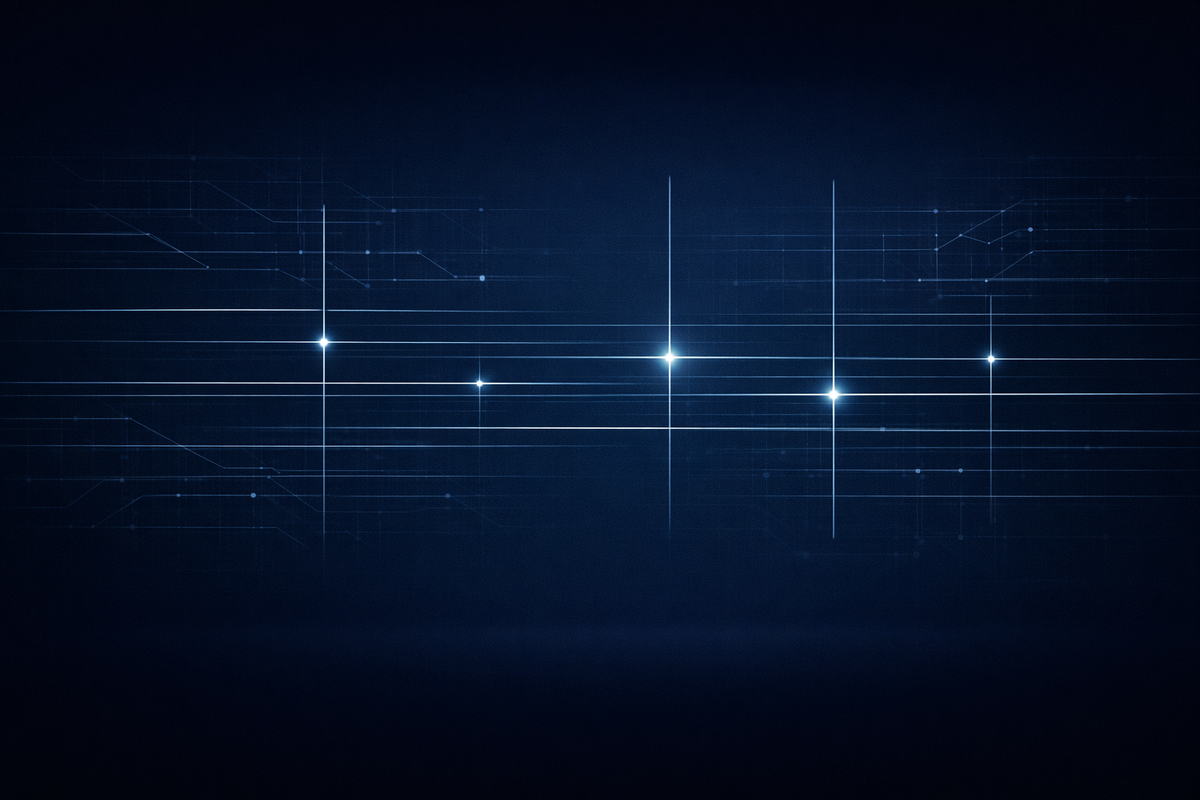 Minimalist regulatory intelligence visual with navy grid, horizontal signal lines, and vertical enforcement intercepts in structured geometry.