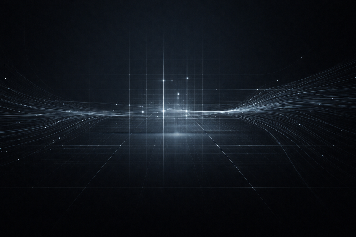 Abstract signal lines converge into a structured grid on a dark background, conveying AI systems being mapped, governed, and made traceable in a calm intelligence environment.