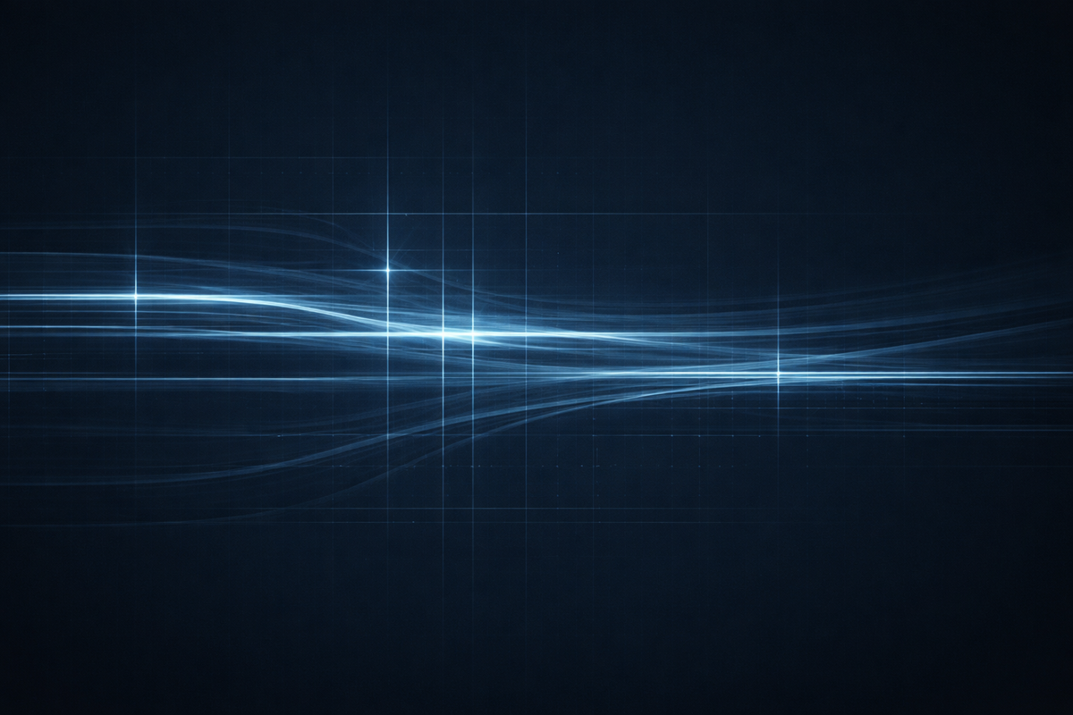 Abstract navy visualization of intersecting signal lines and grid structure symbolizing Medicare Advantage rate normalization and governance traceability 