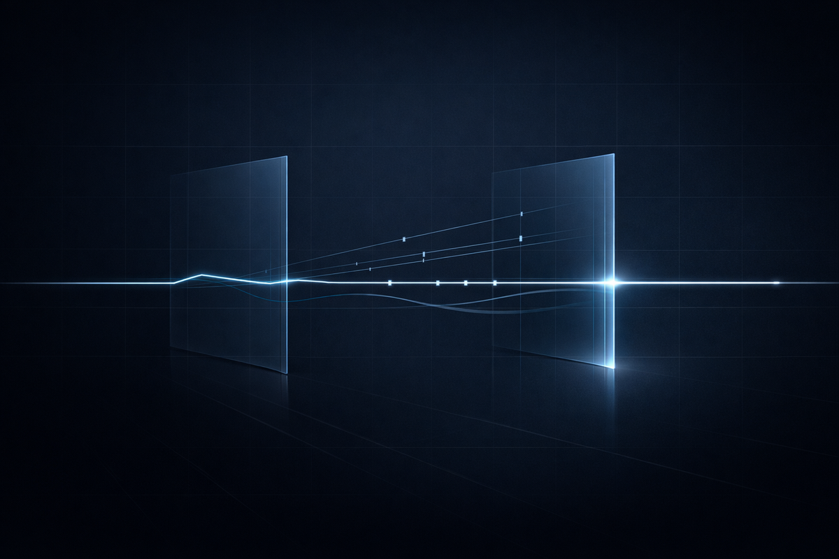 Abstract MA rate-setting timeline with two translucent checkpoints and a stabilizing signal line on a navy compliance grid. 