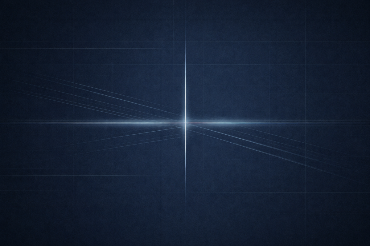 Minimalist regulatory intelligence visual with intersecting signal lines on deep navy grid, symbolizing governance boundary under procurement pressure 