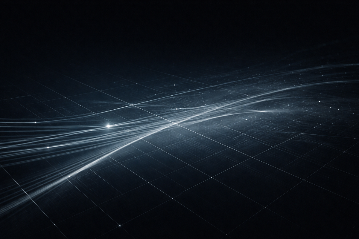 Minimalist regulatory intelligence visual showing signal lines diffusing across a dark grid, illustrating oversight strain, data gaps, and governance traceability.