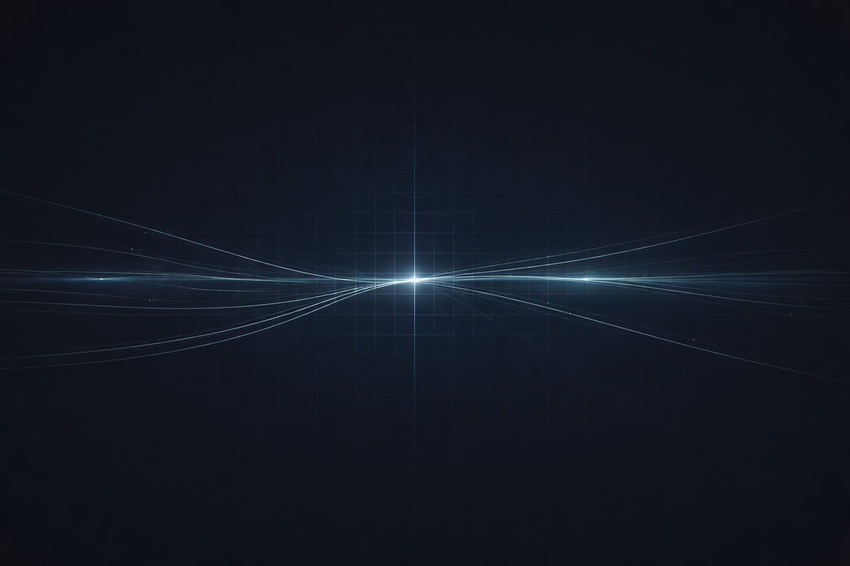 Abstract regulatory intelligence visual with converging signal lines and subtle grids on a dark background, showing enforcement after visibility and traceability.
