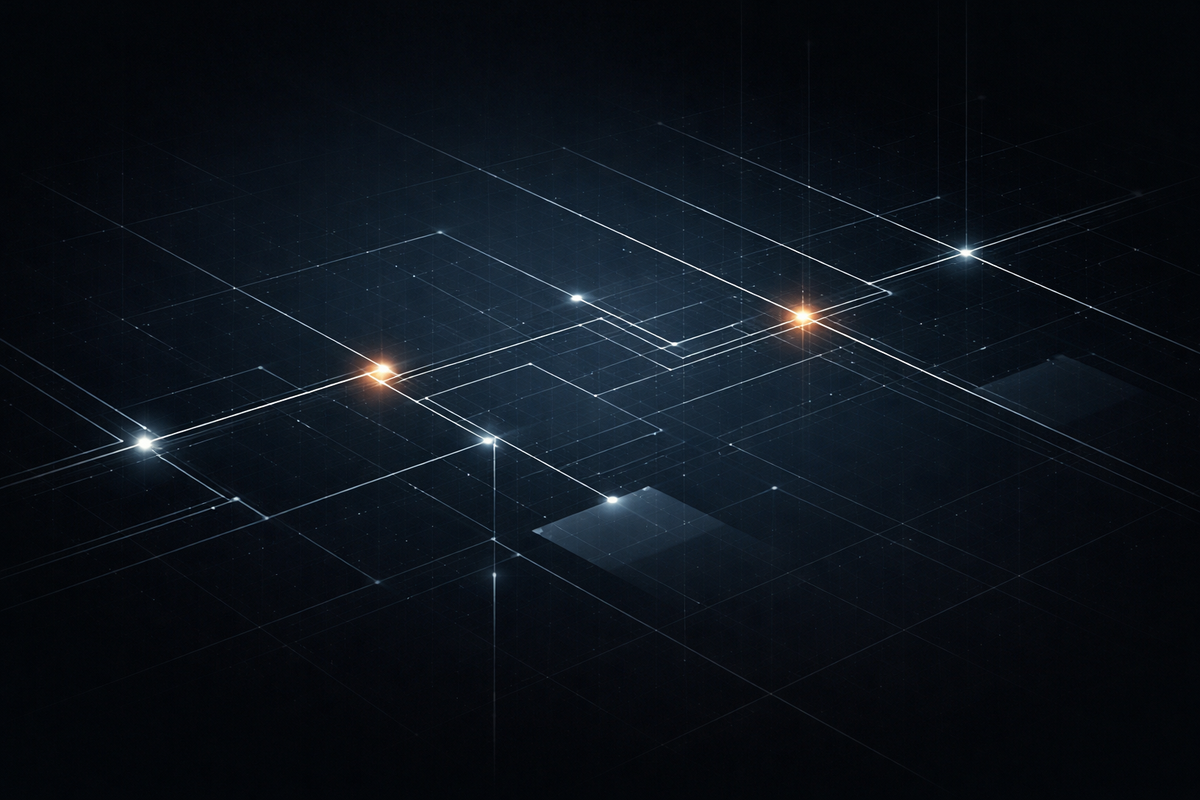 Abstract intelligence-style visualization of supply chain disruption signals, showing traceability pathways and structural chokepoints in global aluminum flows.