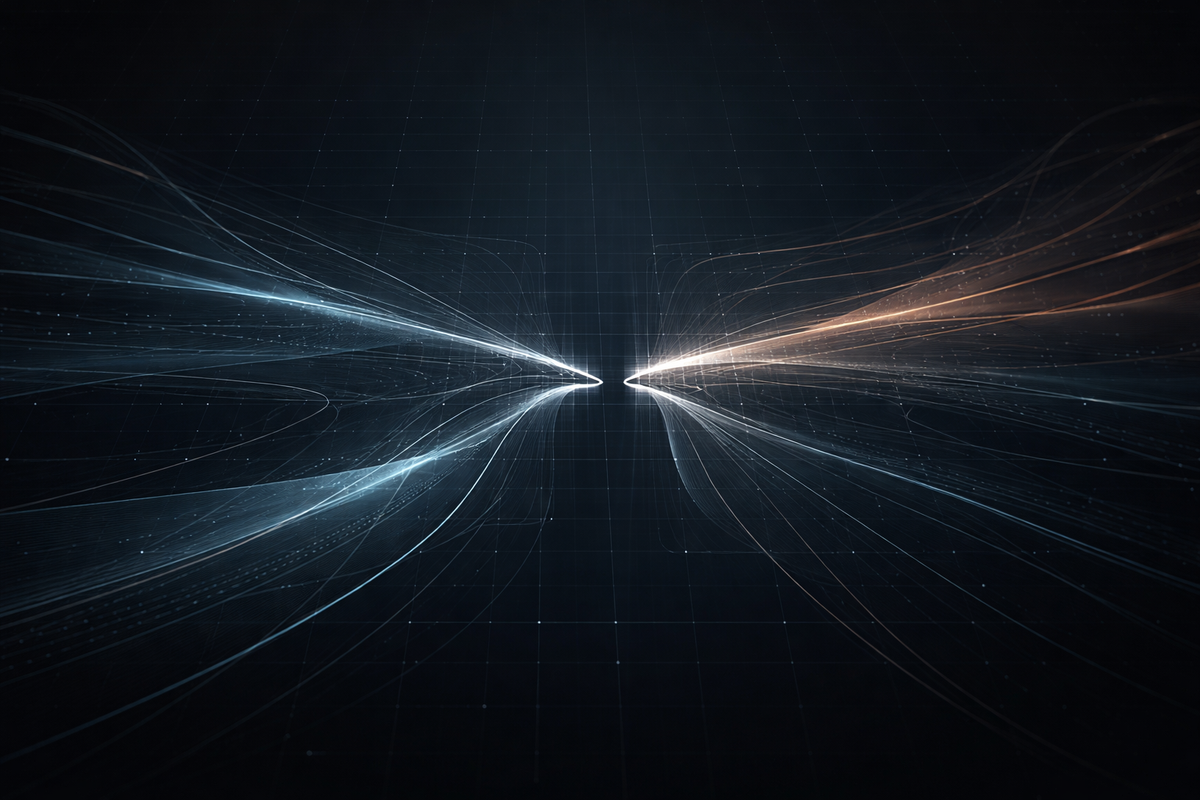 Abstract visualization of global supply flows converging at a chokepoint, showing constrained movement and systemic risk patterns in a dark grid environment