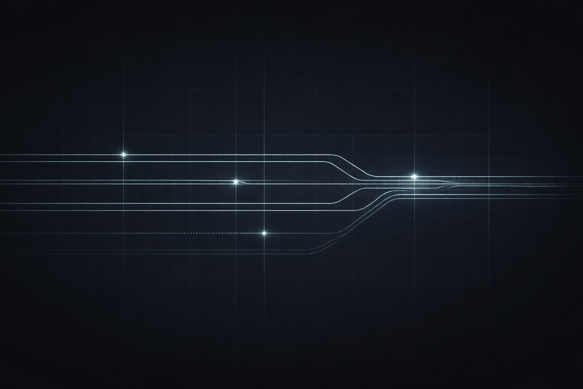 Abstract intelligence-grade visual of compliance signal flows compressing at governance checkpoints in a secure regulatory monitoring system.