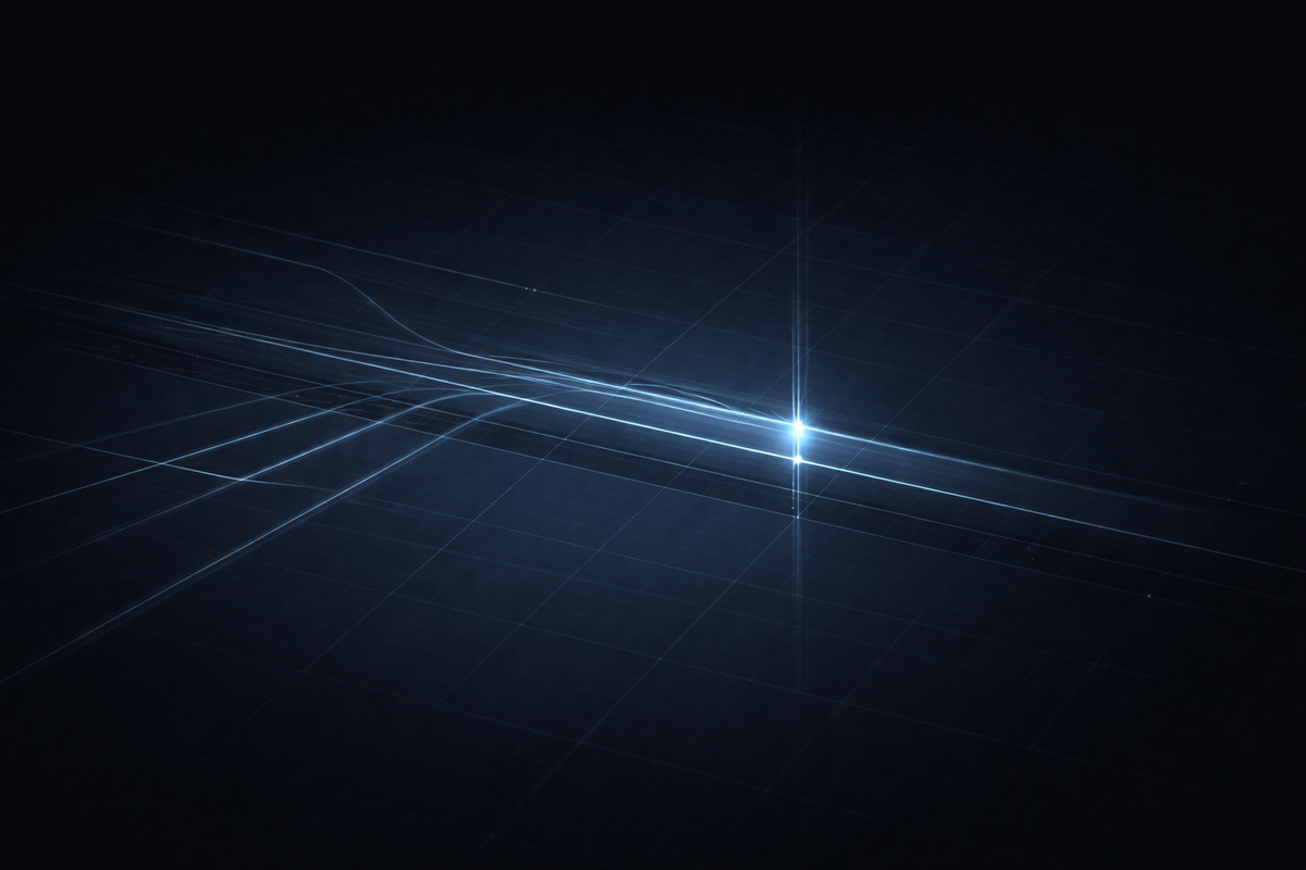 Minimalist intelligence-grade visualization of correspondent banking flows intersecting a regulatory control boundary on deep navy grid background.