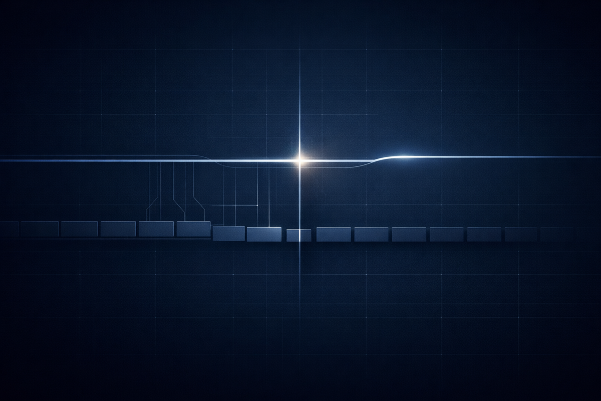 Two parallel regulatory tracks on a navy grid show phased stablecoin rules—issuance advancing while AML/OFAC controls pause at a governance handoff seam.