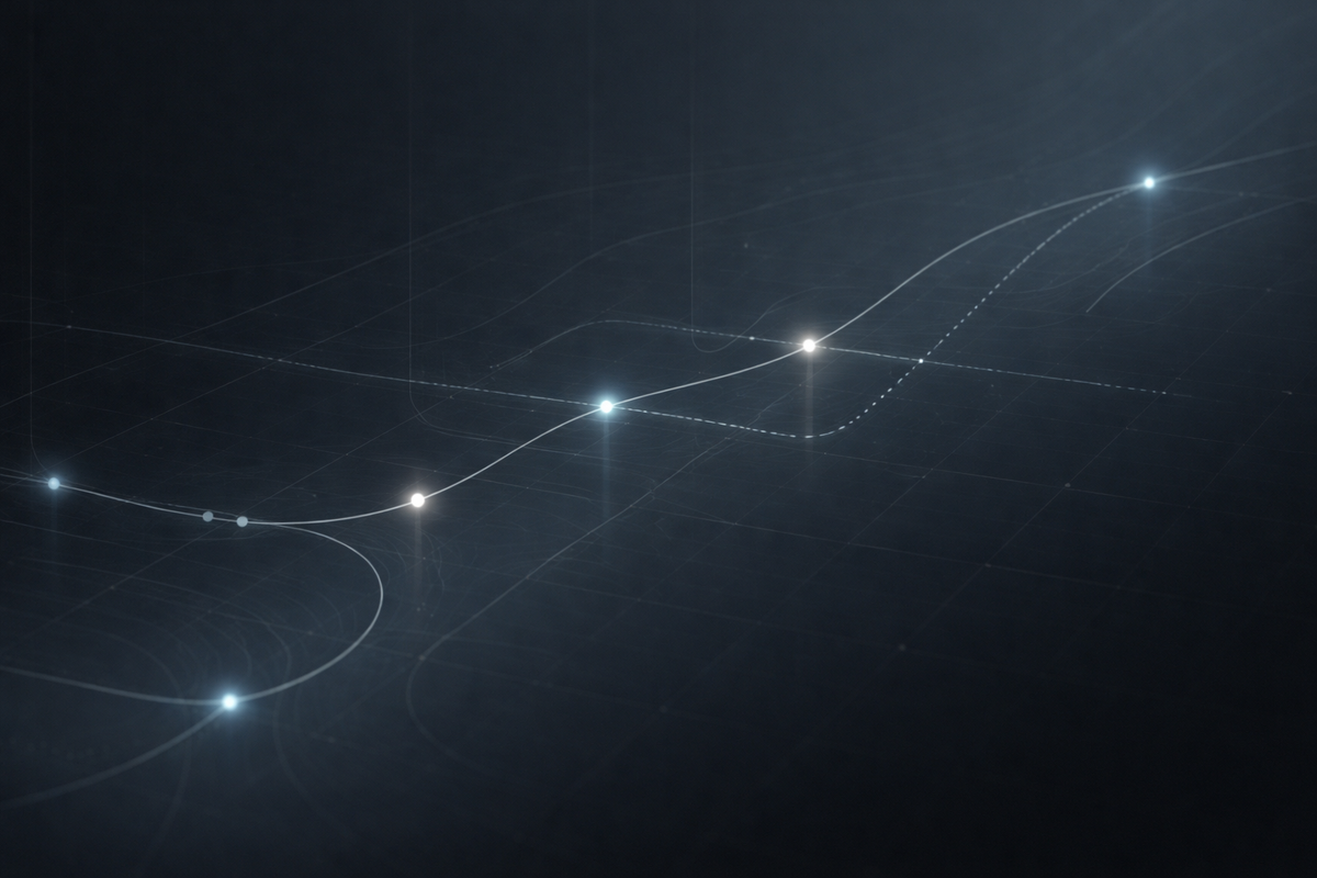 Abstract policy intelligence visualization with signal lines and nodes on a dark grid, representing governance, traceability, and regulatory monitoring.