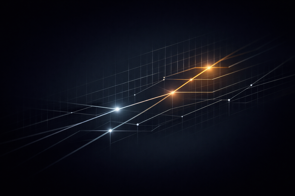 Abstract signal lines converging across a dark grid, suggesting regulatory timing, evidence readiness, and oversight expectations tightening into continuous, provable control.