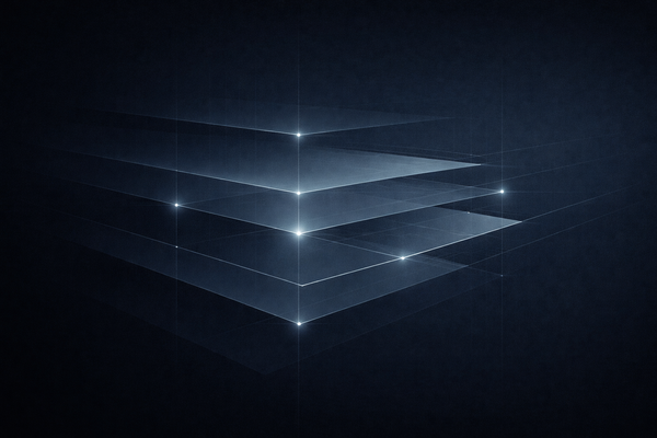 Abstract layered planes on a dark background showing private capital governance building over time, with subtle intersections highlighting traceability and deferred accountability.