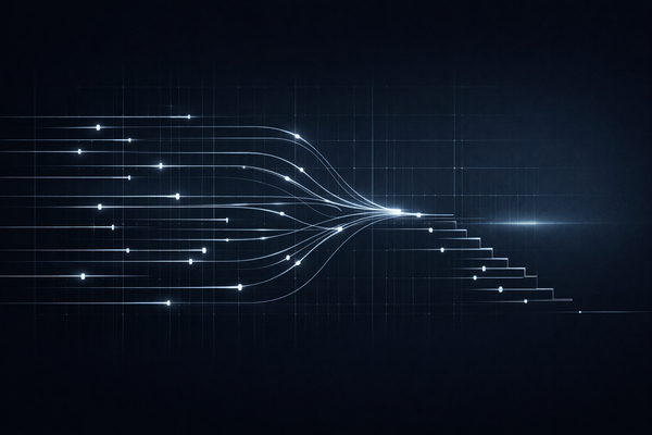 Abstract intelligence-grade visual showing converging signal lines on a dark grid, representing timing, response lag, and governance execution risk in AI regulatory oversight.