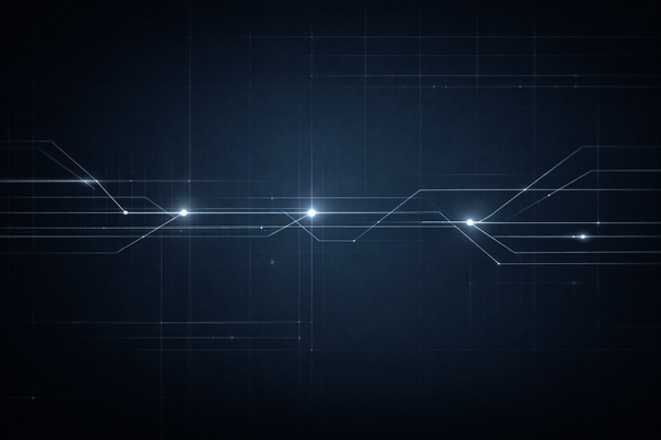 Abstract signal lines intersect on a dark grid, suggesting emerging governance scrutiny and unresolved validation paths in AI decision systems.