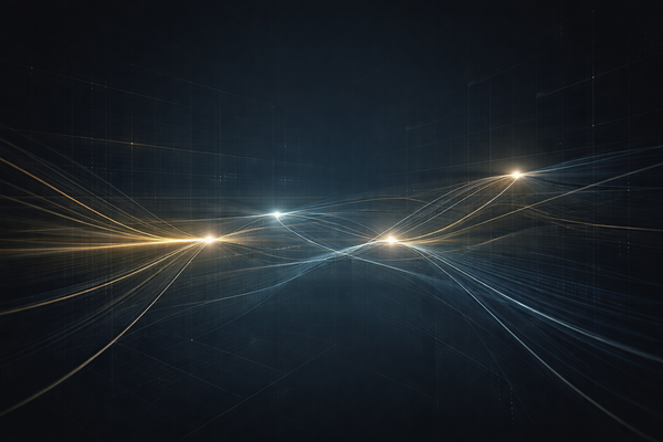Abstract intelligence-grade visual with structured signal lines and grids on a dark background, conveying currency confidence shifts and governance risk monitoring.