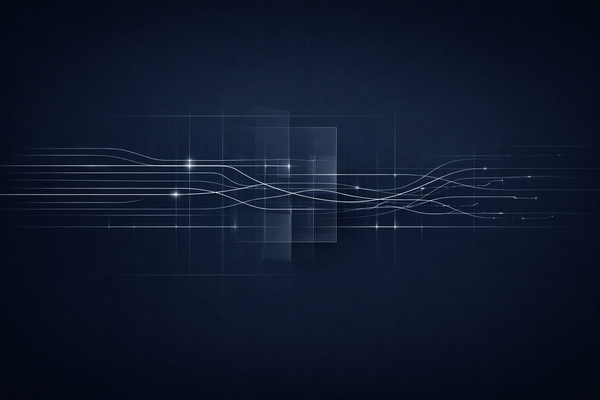Abstract signal lines diverge through layered grids on a dark background, illustrating friction between AI outputs and human interpretation in a regulated system.