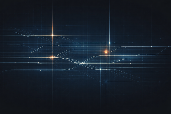 Abstract navy network with intersecting signal lines and grid, symbolizing systemic sanctions risk and infrastructure exposure 