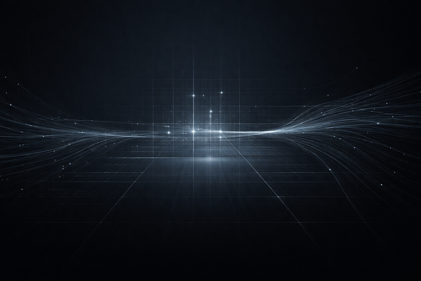 Abstract signal lines converge into a structured grid on a dark background, conveying AI systems being mapped, governed, and made traceable in a calm intelligence environment.