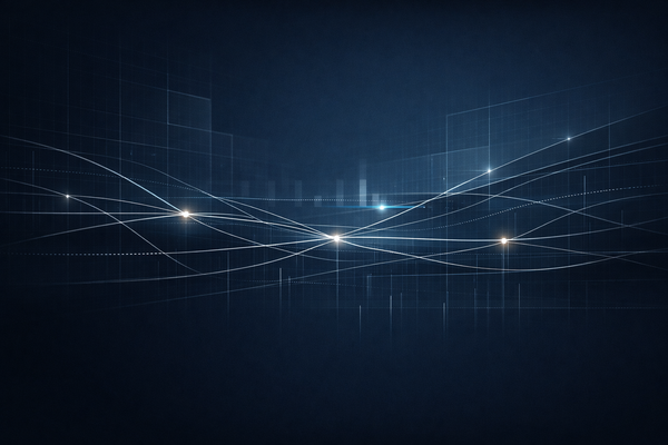 Abstract lines and grids on a dark background showing AI-driven credit risk, capital repricing, and systemic stress in a calm, intelligence-grade environment.
