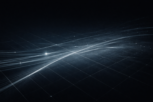 Minimalist regulatory intelligence visual showing signal lines diffusing across a dark grid, illustrating oversight strain, data gaps, and governance traceability.