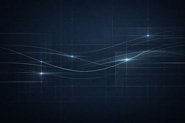 Abstract AI governance visualization with signal lines and grid structures, representing regulatory analysis, oversight, and traceability.
